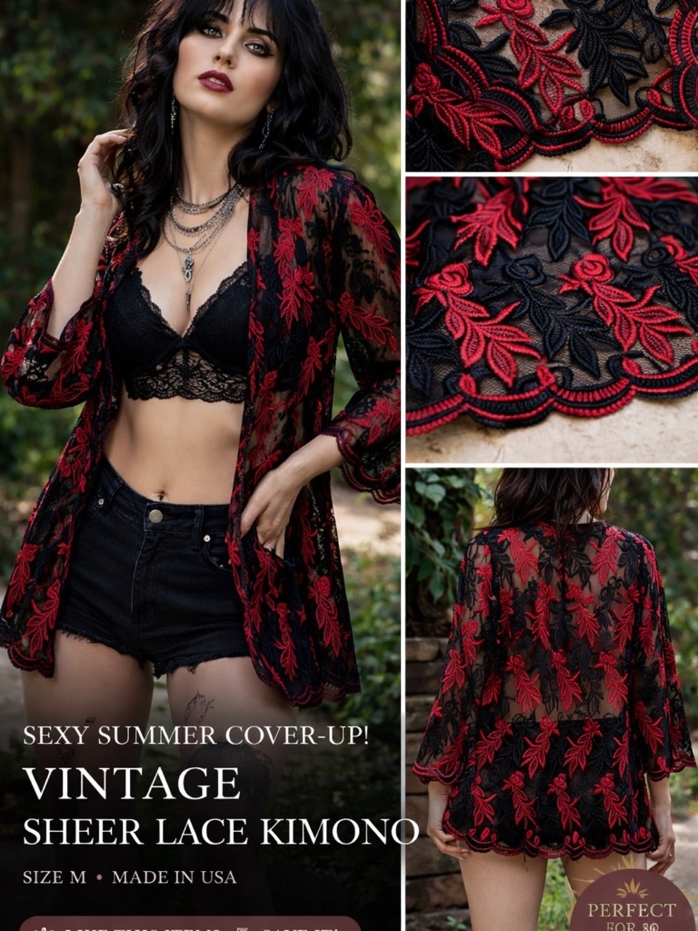 Sheer Lace Kimono Cover-Up in Black & Red